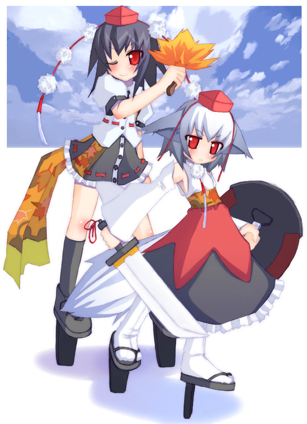 inubashiri momiji, shameimaru aya, touhou, 2girls, animal ears, female focus, geta, hat, long skirt, multiple girls, skirt, tengu-geta