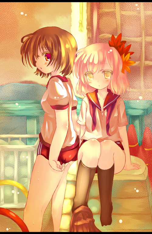 23, 23 (candy chapus), aki minoriko, aki shizuha, touhou, 2girls, alternate costume, blonde hair, buruma, female focus, gym storeroom, gym uniform, hair ornament, indoors, leaf, leaf hair ornament, leaf on head, multiple girls, red eyes, school uniform, serafuku, short hair, siblings, sisters, traffic cone, vaulting horse, yellow eyes