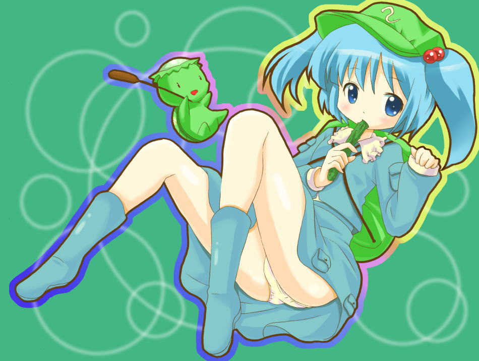 michii yuuki, kawashiro nitori, touhou, 1girl, boots, female focus, hair bobbles, hair ornament, panties, rubber boots, solo, two side up, underwear
