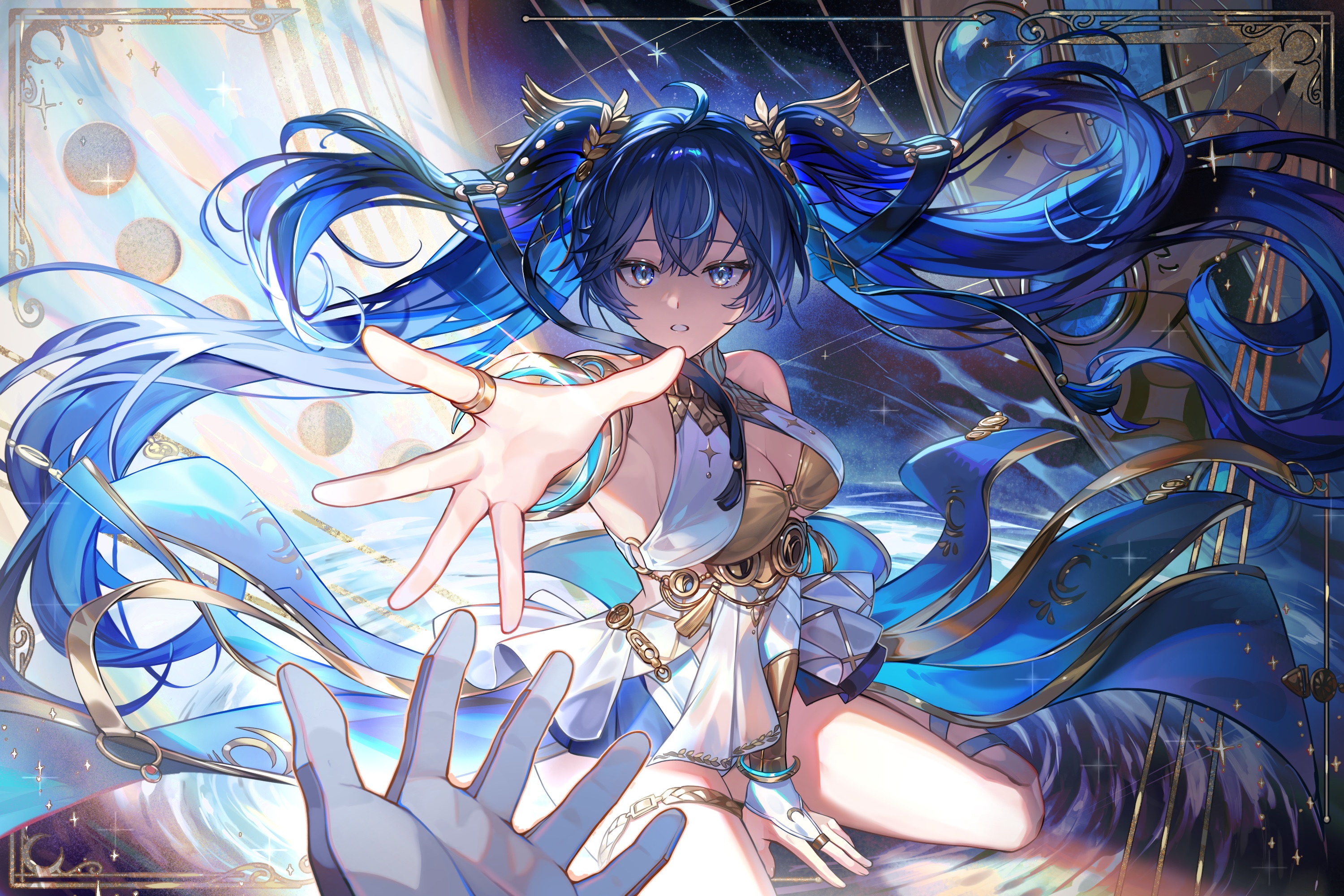 tsugutoku, iuno (wuthering waves), male rover (wuthering waves), rover (wuthering waves), wuthering waves, commentary, highres, symbol-only commentary, 1boy, 1girl, ahoge, ancient greek clothes, bare shoulders, black gloves, black skirt, blue eyes, blue hair, breasts, bridal gauntlets, cleavage, gloves, gold bra, greco-roman clothes, hair belt, head wreath, jewelry, long hair, looking at viewer, medium breasts, multicolored hair, parted lips, pov, pov hands, reaching, reaching towards viewer, showgirl skirt, sitting, skirt, solo focus, streaked hair, thighlet, twintails, very long hair, wariza, white bridal gauntlets