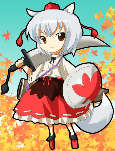 michii yuuki, inubashiri momiji, touhou, 1girl, female focus, geta, long skirt, skirt, solo, tengu-geta, wolf ears