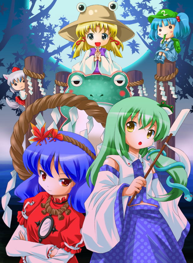 michii yuuki, inubashiri momiji, kawashiro nitori, kochiya sanae, moriya suwako, yasaka kanako, touhou, 5girls, :3, animal ears, chibi, cucumber, female focus, frog, gohei, hair ornament, hat, leaf, leaf hair ornament, multiple girls, o o, riding, rope, shimenawa, tail, tokin hat, wolf ears, wolf tail