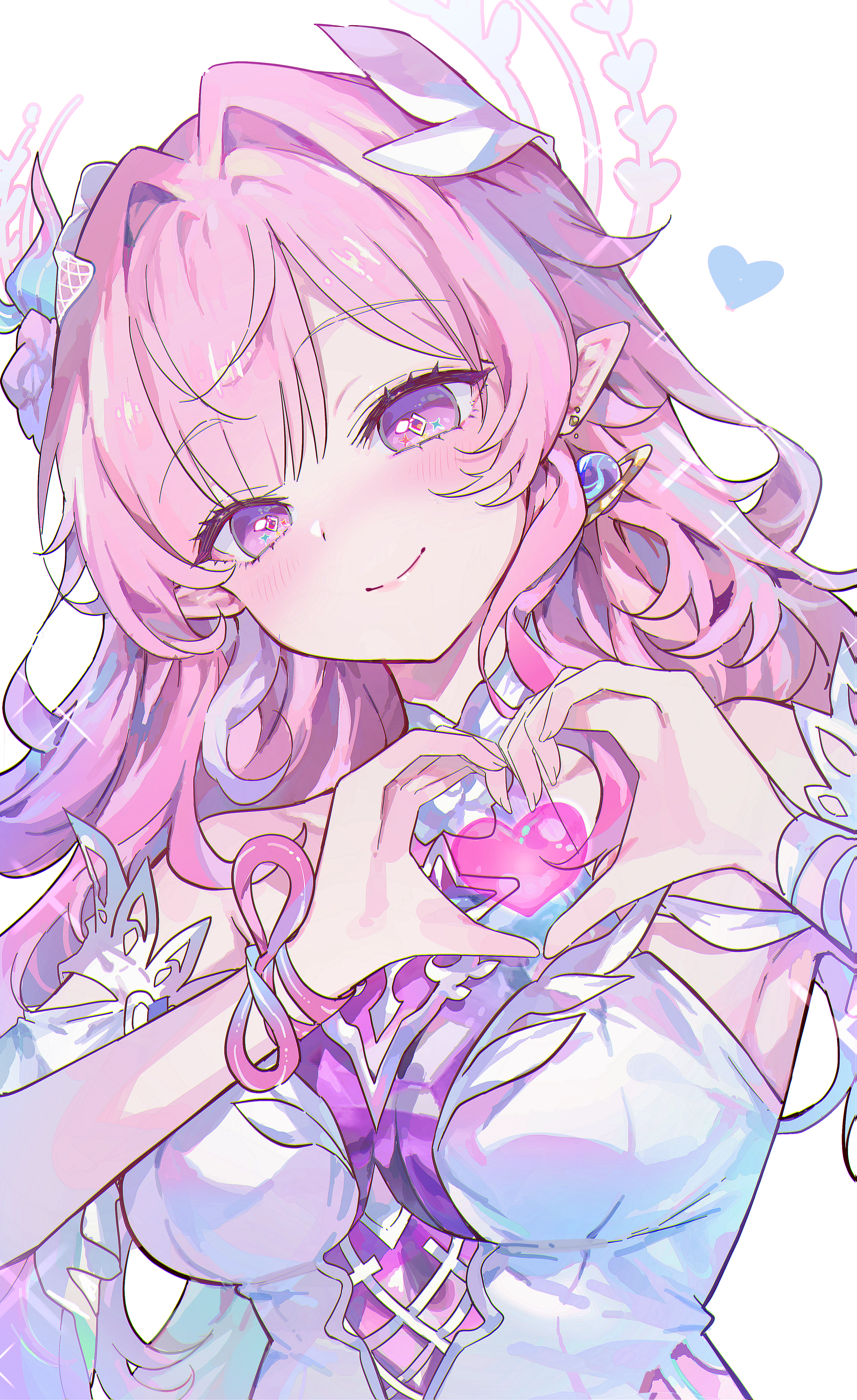 0202ase, cyrene (honkai: star rail), cyrene (ripples of past reverie) (honkai: star rail), honkai: star rail, honkai (series), absurdres, highres, 1girl, armpits, bare shoulders, blush, closed mouth, detached sleeves, dress, halo, heart, heart hands, long hair, looking at viewer, pink hair, pink halo, purple eyes, smile, solo, white dress