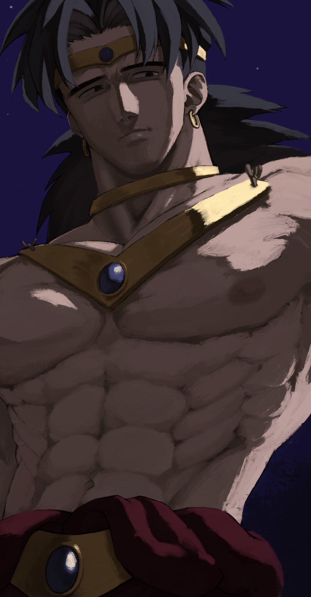 broly (dragon ball z), dragon ball, dragonball z, highres, 1boy, abs, black hair, blue background, earrings, jann (jannillust), jewelry, muscular, muscular male, simple background, solo, topless male, upper body