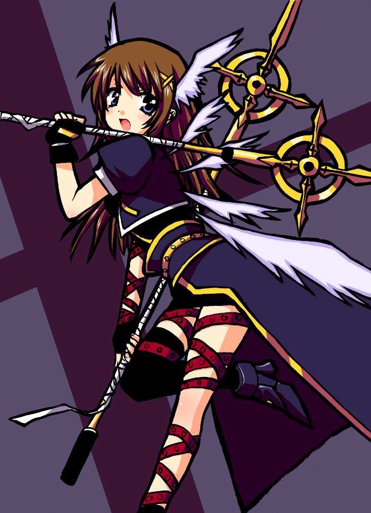saki chisuzu, reinforce, schwertkreuz, yagami hayate, lyrical nanoha, mahou shoujo lyrical nanoha, mahou shoujo lyrical nanoha strikers, 00s, 1girl, arm belt, asymmetrical clothes, asymmetrical legwear, blue eyes, brown hair, dual wielding, female focus, fingerless gloves, gloves, hair ornament, holding, jacket, leg belt, long hair, magical girl, open clothes, open jacket, single thighhigh, solo, staff, thighhighs, uneven legwear, unison (nanoha), waist cape, winged hair ornament, wings, x hair ornament