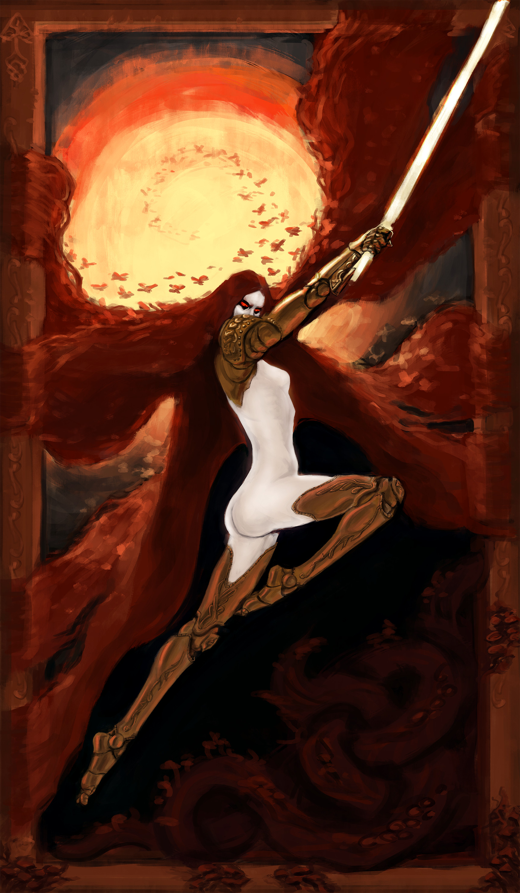 malenia blade of miquella, elden ring, absurdres, highres, 1girl, absurdly long hair, amputee, armor, bug, butterfly, glowing, glowing eyes, glowing sword, glowing weapon, gold armor, golden sword, holding, holding sword, holding weapon, insect, long hair, looking at viewer, nude, pale skin, prosthesis, prosthetic arm, prosthetic leg, red butterfly, red eyes, red hair, solo, sorrysorrow, sword, topless female, triple amputee, very long hair, weapon