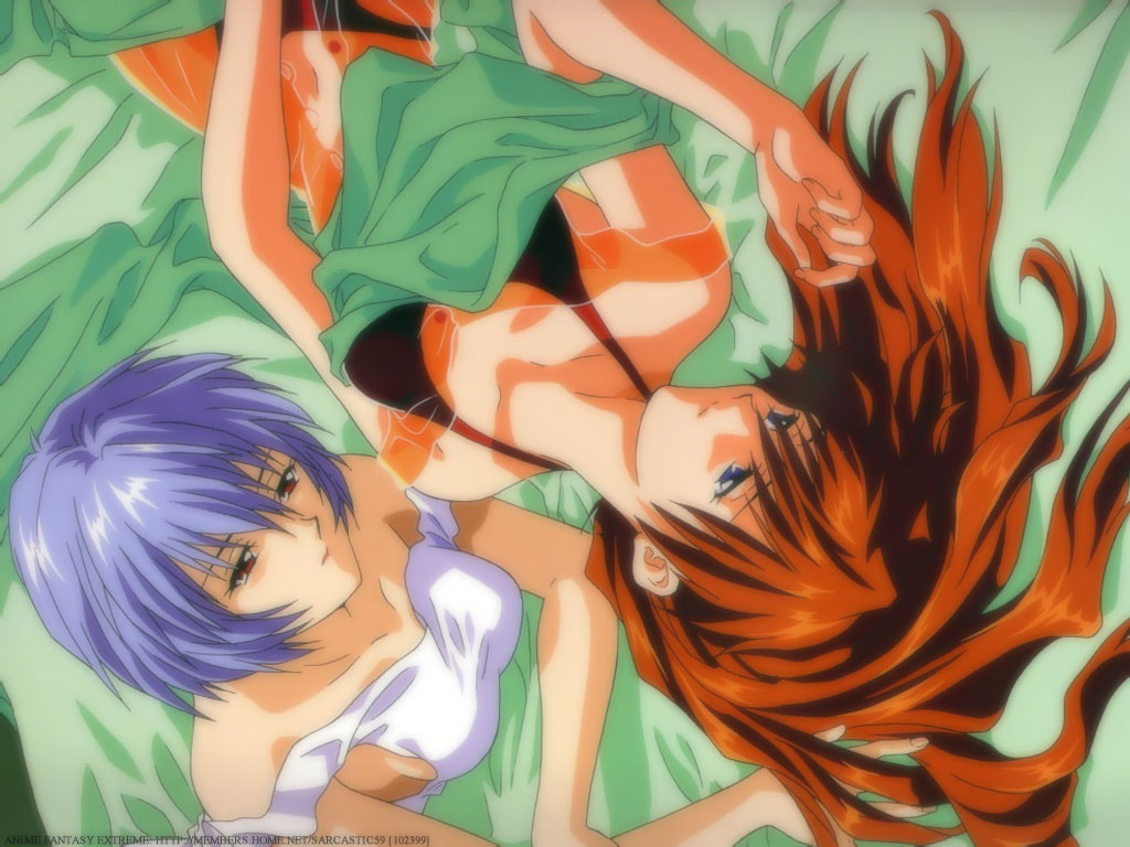 sadamoto yoshiyuki, ayanami rei, souryuu asuka langley, neon genesis evangelion, 2girls, bed, blue eyes, blue hair, long hair, multiple girls, red eyes, red hair, short hair, watermark