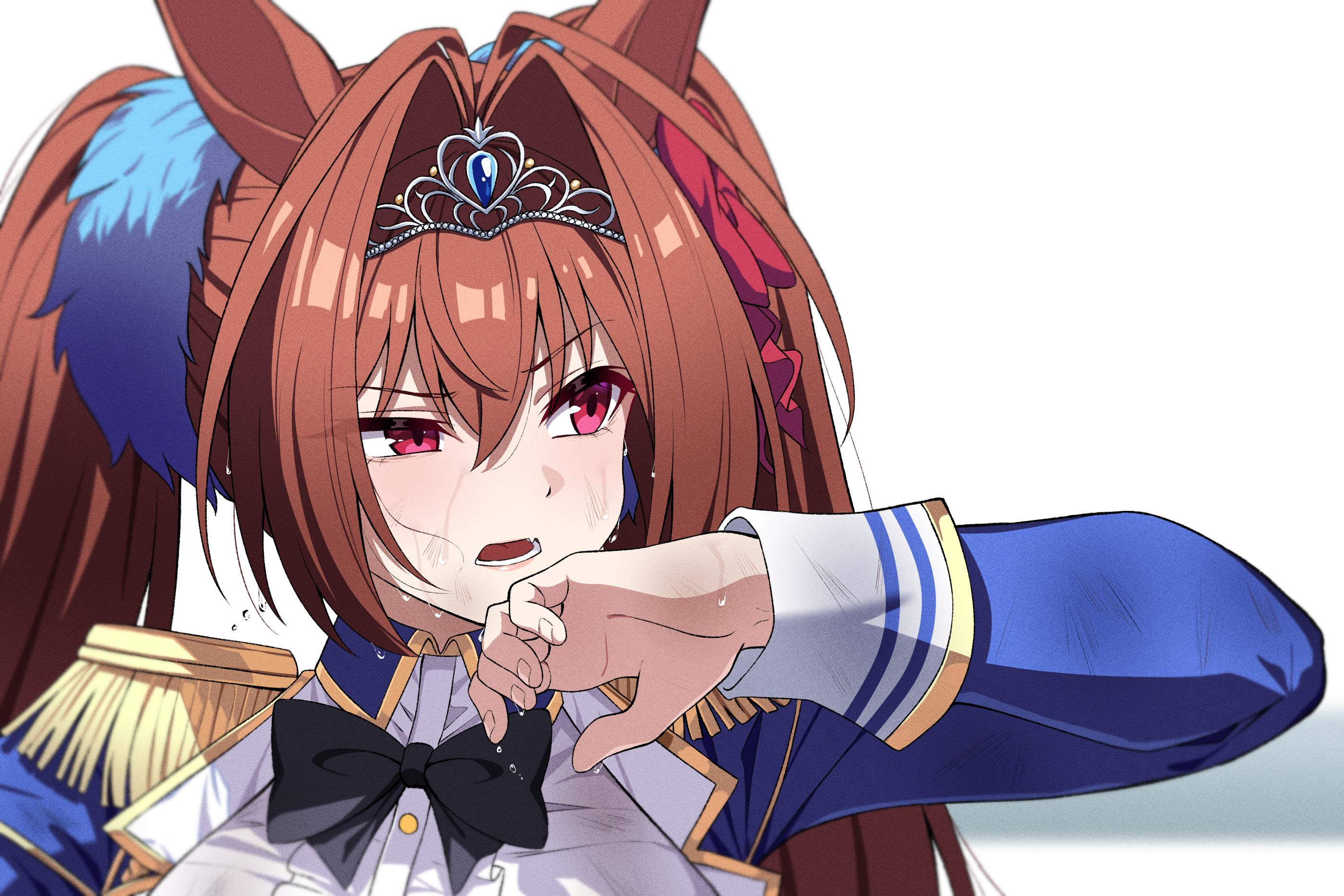 reia 76, daiwa scarlet (peak blue) (umamusume), daiwa scarlet (umamusume), umamusume, commentary, highres, 1girl, animal ears, antenna hair, black bow, black bowtie, bow, bowtie, brown hair, center frills, epaulettes, frills, hair intakes, hair ornament, horse ears, horse girl, long hair, long sleeves, looking to the side, open mouth, red eyes, shirt, sweat, tiara, twintails, white shirt, wiping sweat