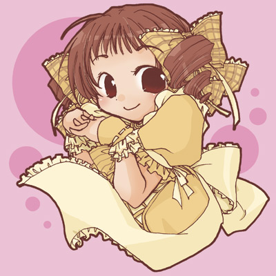 makiemon, matsudaira touko, maria-sama ga miteru, lowres, 00s, 1girl, blunt bangs, brown eyes, brown hair, dress, female focus, own hands clasped, own hands together, pink background, puffy short sleeves, puffy sleeves, short hair, short sleeves, simple background, solo, upper body, yellow dress