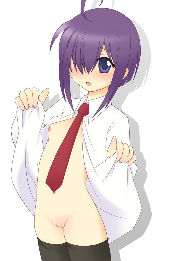 kurappii, miyazaki nodoka, mahou sensei negima!, 00s, 1girl, ahoge, arched back, blue eyes, blush, bottomless, cleft of venus, female focus, flat chest, hair over eyes, hair over one eye, necktie, no bra, no panties, open clothes, open mouth, open shirt, purple hair, pussy, shadow, shirt, solo, thighhighs