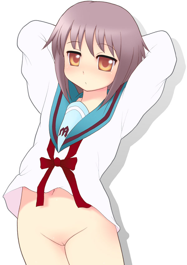 kurappii, nagato yuki, suzumiya haruhi no yuuutsu, 00s, bottomless, cleft of venus, pussy, school uniform, serafuku, solo