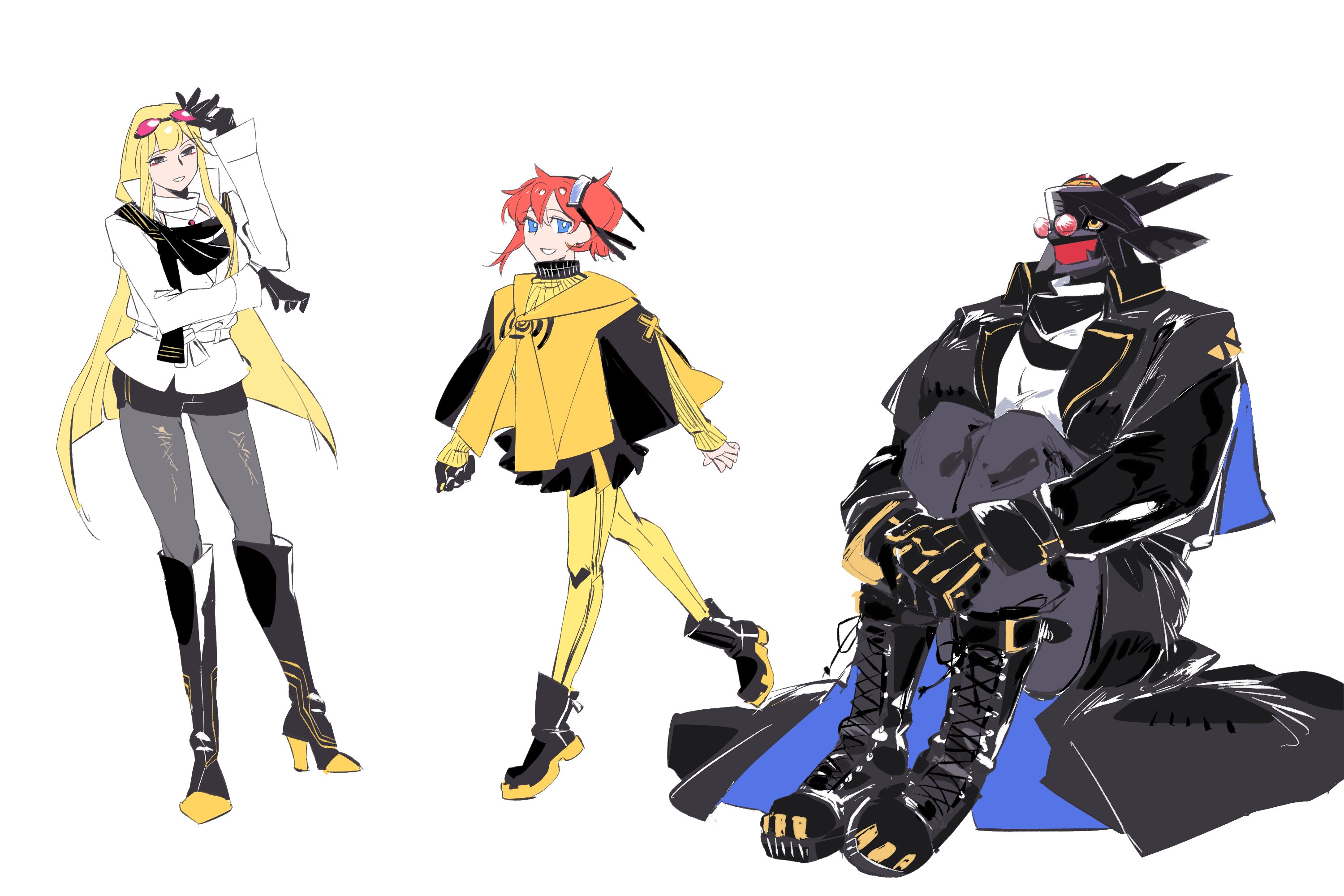 dawu233, aiba ami, alphamon, kuremi kyouko, digimon, digimon story: cyber sleuth, highres, 2girls, black boots, black helmet, black jacket, black pants, black pantyhose, black skirt, blonde hair, boots, helmet, high heel boots, high heels, jacket, jewelry, multiple girls, pants, pantyhose, pendant, red hair, shirt, side ponytail, sketch, skirt, sunglasses, white jacket, white shirt, yellow cloak