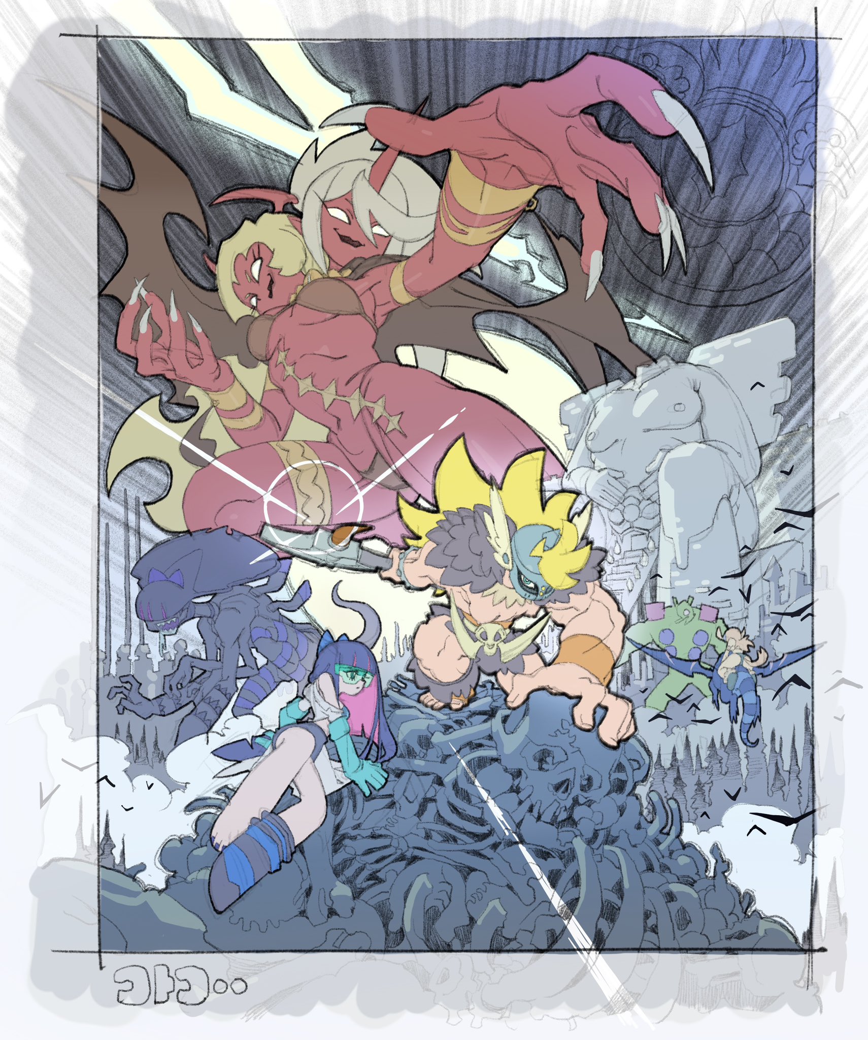 cotogochan, chuck (psg), kneesocks (psg), panty (psg), scanty (psg), stocking (psg), panty & stocking with garterbelt, highres, alien, axe, blonde hair, demon girl, demon horns, dragon, helmet, holding, holding axe, horns, multiple girls, muscular, muscular female, pile of skeletons, riding dragon, scar, skull, two heads