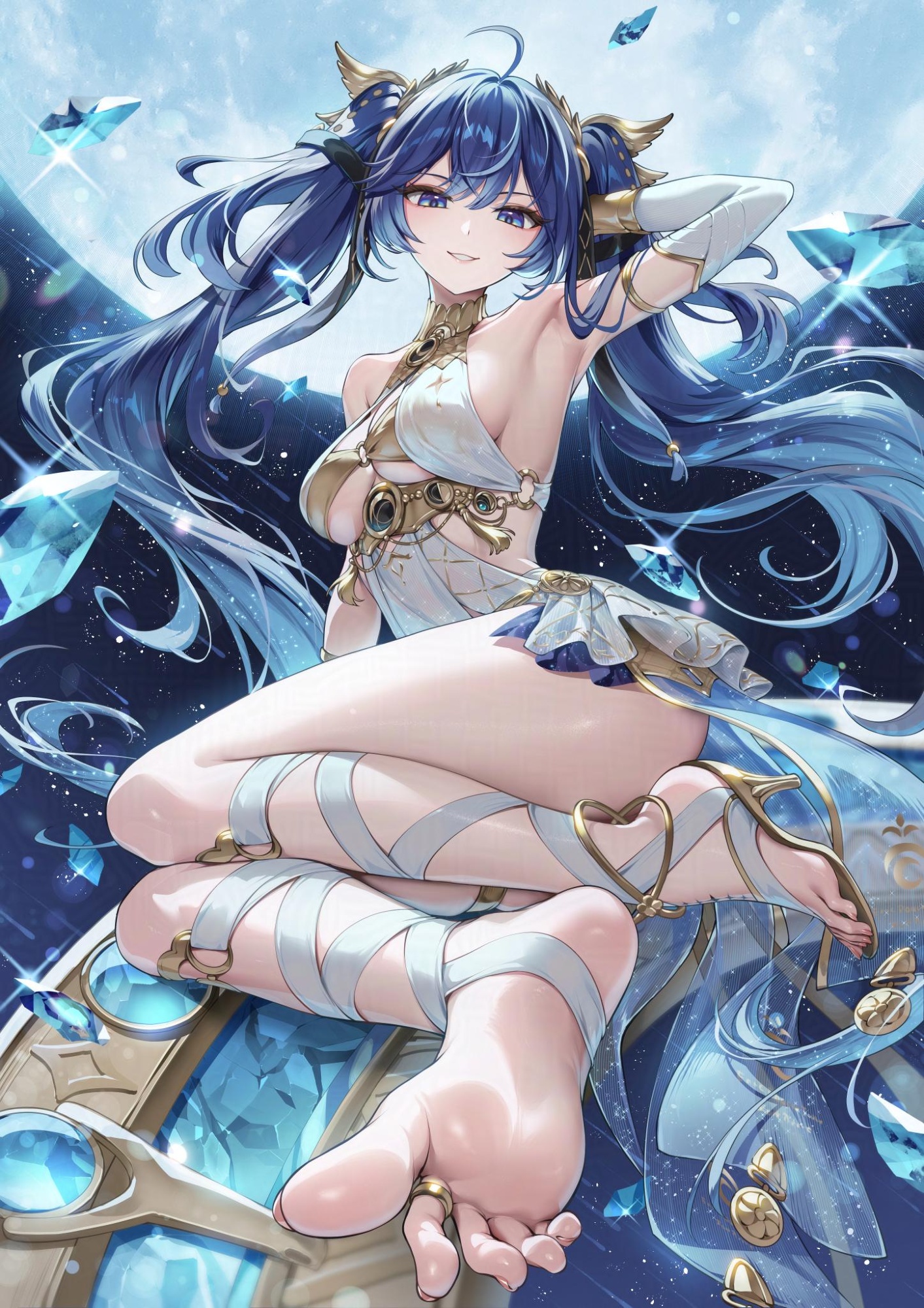 gomashio ponz, iuno (wuthering waves), wuthering waves, commentary request, highres, 1girl, ahoge, arm up, armpits, bare shoulders, bikini, blue eyes, blue hair, breasts, detached sleeves, dress, feet, full moon, gold bikini, grin, hair ornament, high heels, jewelry, long hair, long sleeves, looking at viewer, medium breasts, moon, single bare foot, single detached sleeve, sleeveless, sleeveless dress, smile, soles, solo, swimsuit, thighs, toe ring, toes, twintails, underboob, very long hair, white dress