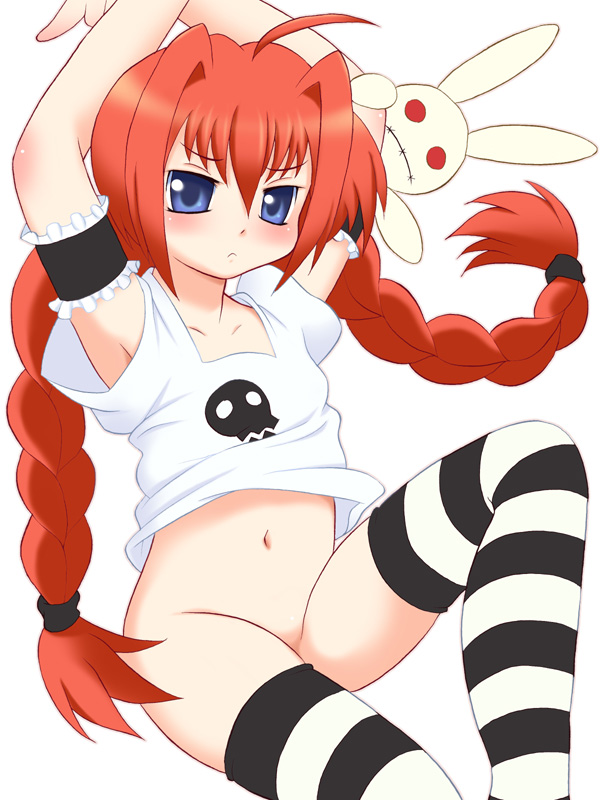 kurappii, vita (nanoha), lyrical nanoha, mahou shoujo lyrical nanoha, mahou shoujo lyrical nanoha a's, 00s, 1girl, blush, female focus, no panties, puppet, red hair, shirt, skull print, solo, striped clothes, striped thighhighs, t-shirt, thighhighs