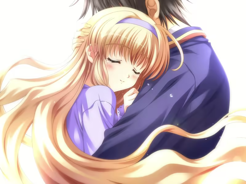 tsukasa yuuki, mochizuki nayuta, amber quartz, game cg, non-web source, 1boy, 1girl, blonde hair, closed eyes, hairband, happy, hug, long hair, school uniform, tears, white background