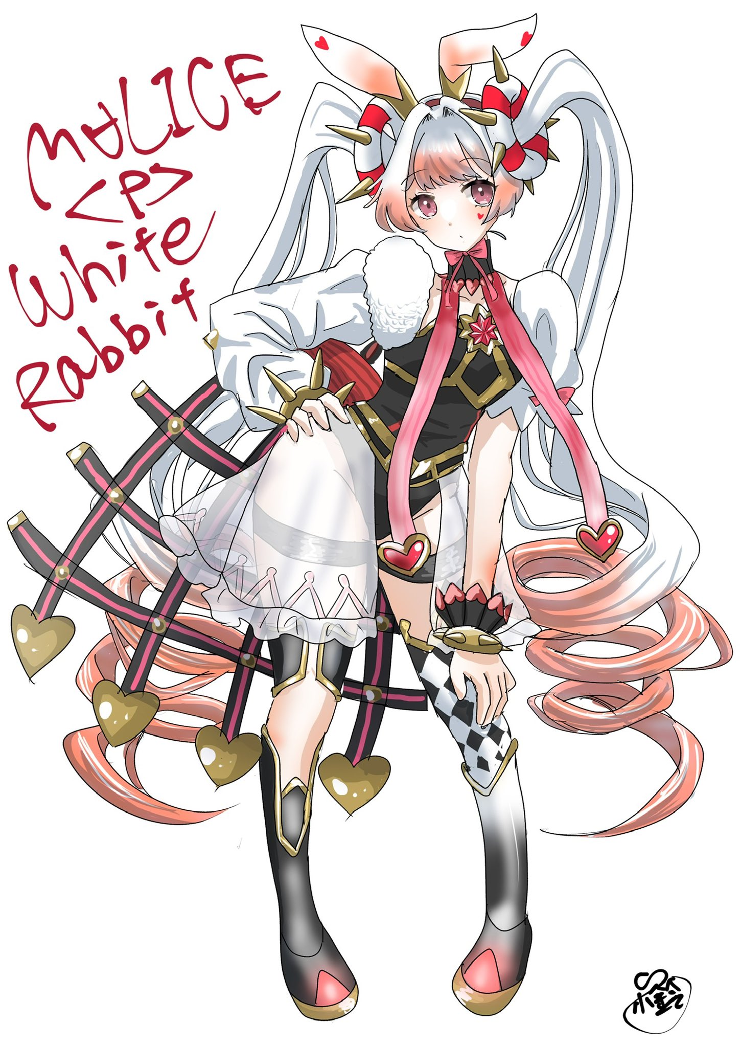 namenekorin, maliss <p> white rabbit, yu-gi-oh!, highres, 1girl, animal ears, black leotard, breasts, character name, double bun, drill hair, duel monster, full body, hair bun, leotard, long hair, multicolored hair, pink hair, rabbit ears, rabbit girl, simple background, solo, standing, twin drills, two-tone hair, very long hair, white background, white hair