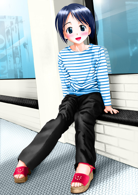 maehara shinobu, love hina, blue eyes, blue hair, bob cut, clog sandals, shirt, short hair, solo, striped clothes, striped shirt