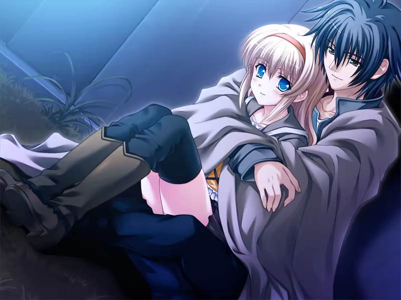 tsukasa yuuki, mochizuki nayuta, amber quartz, game cg, non-web source, 1boy, 1girl, blanket, blonde hair, blue eyes, boots, hairband, hug, kneehighs, long hair, red hairband, skirt, socks, thighhighs