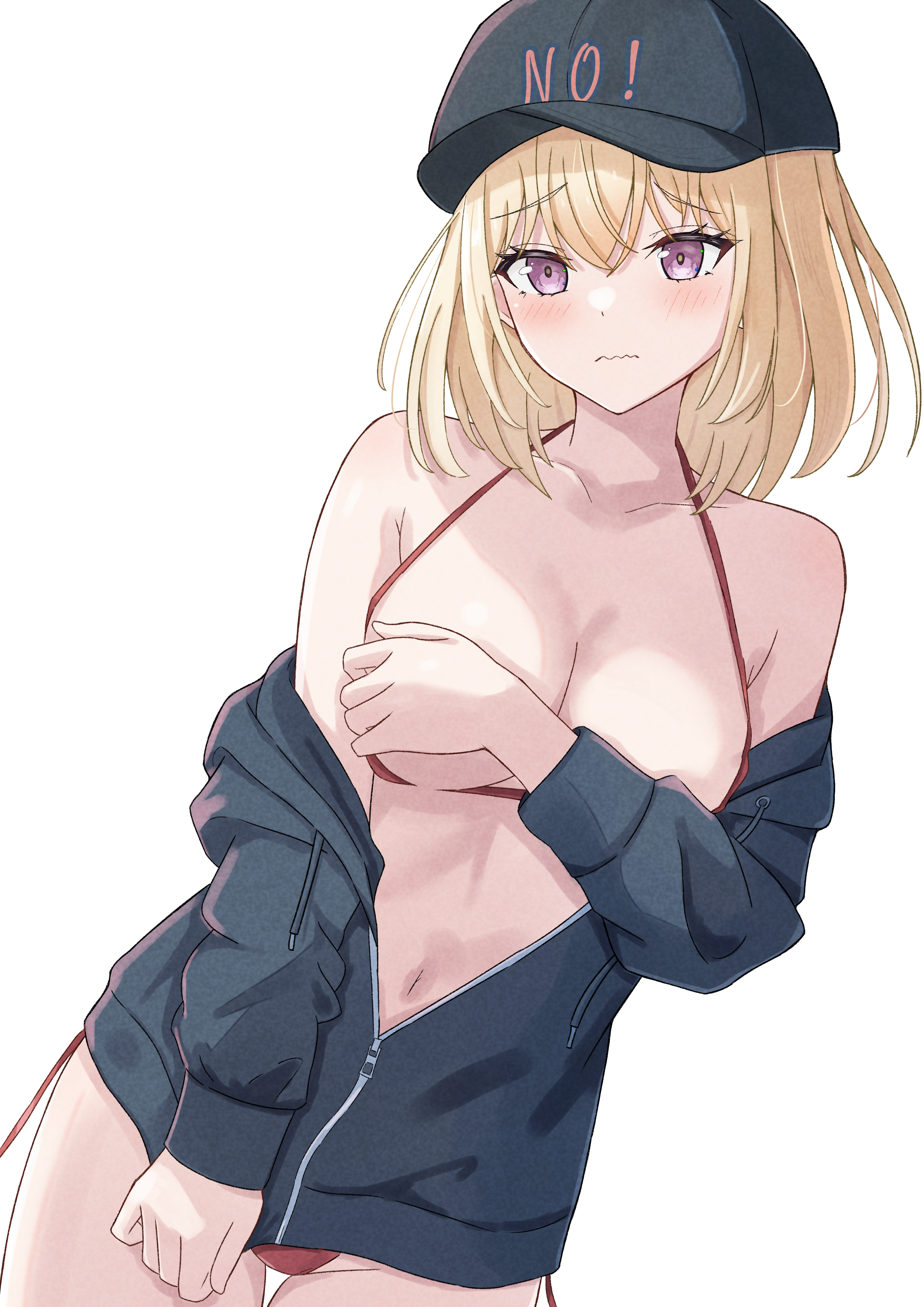 beniyomogi, misumi uika, bang dream!, bang dream! it's mygo!!!!!, absurdres, commentary request, highres, 1girl, bikini pull, black hat, black jacket, blonde hair, blush, breasts, cleavage, clothes pull, hat, jacket, large breasts, medium hair, navel, open mouth, partially unzipped, purple eyes, red eyes, simple background, solo, stomach, wavy mouth, white background