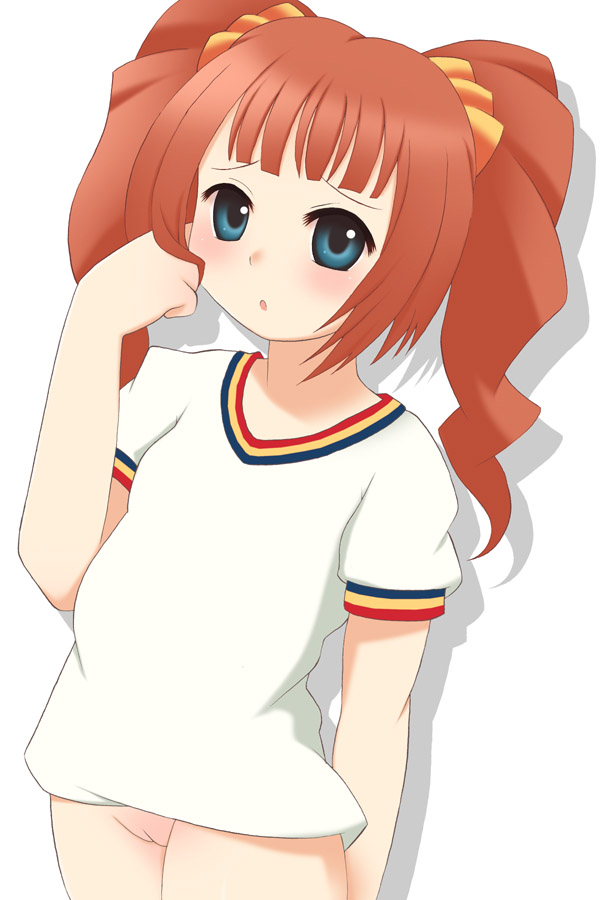 kurappii, takatsuki yayoi, idolmaster, idolmaster (classic), idolmaster 1, bad id, 00s, 1girl, blue eyes, bottomless, brown hair, cleft of venus, female focus, no panties, pussy, red hair, solo, twintails