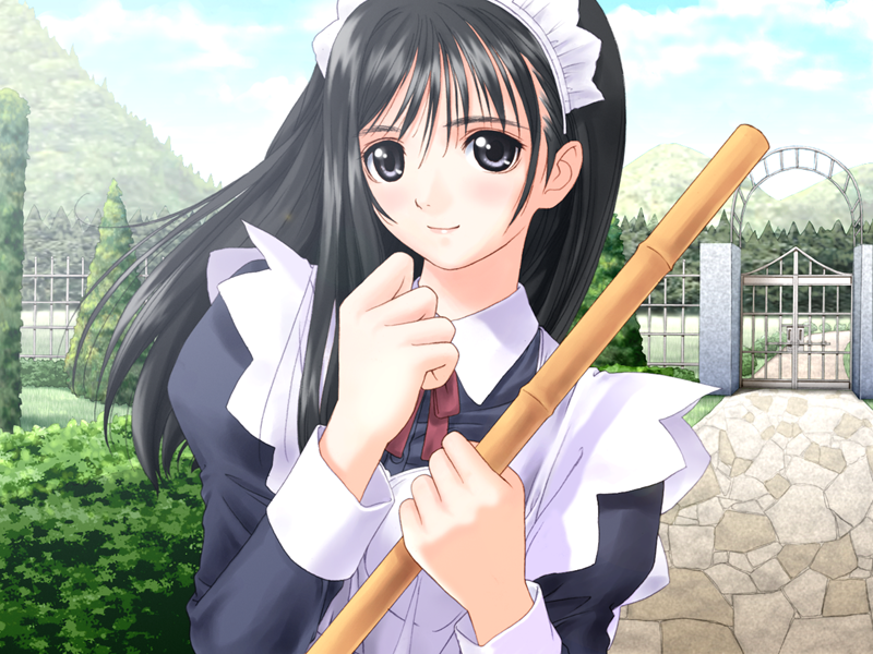 tony taka, watase nozomi, genmukan, game cg, 00s, 1girl, black eyes, black hair, blush, day, female focus, long hair, maid, outdoors, sky, smile, solo