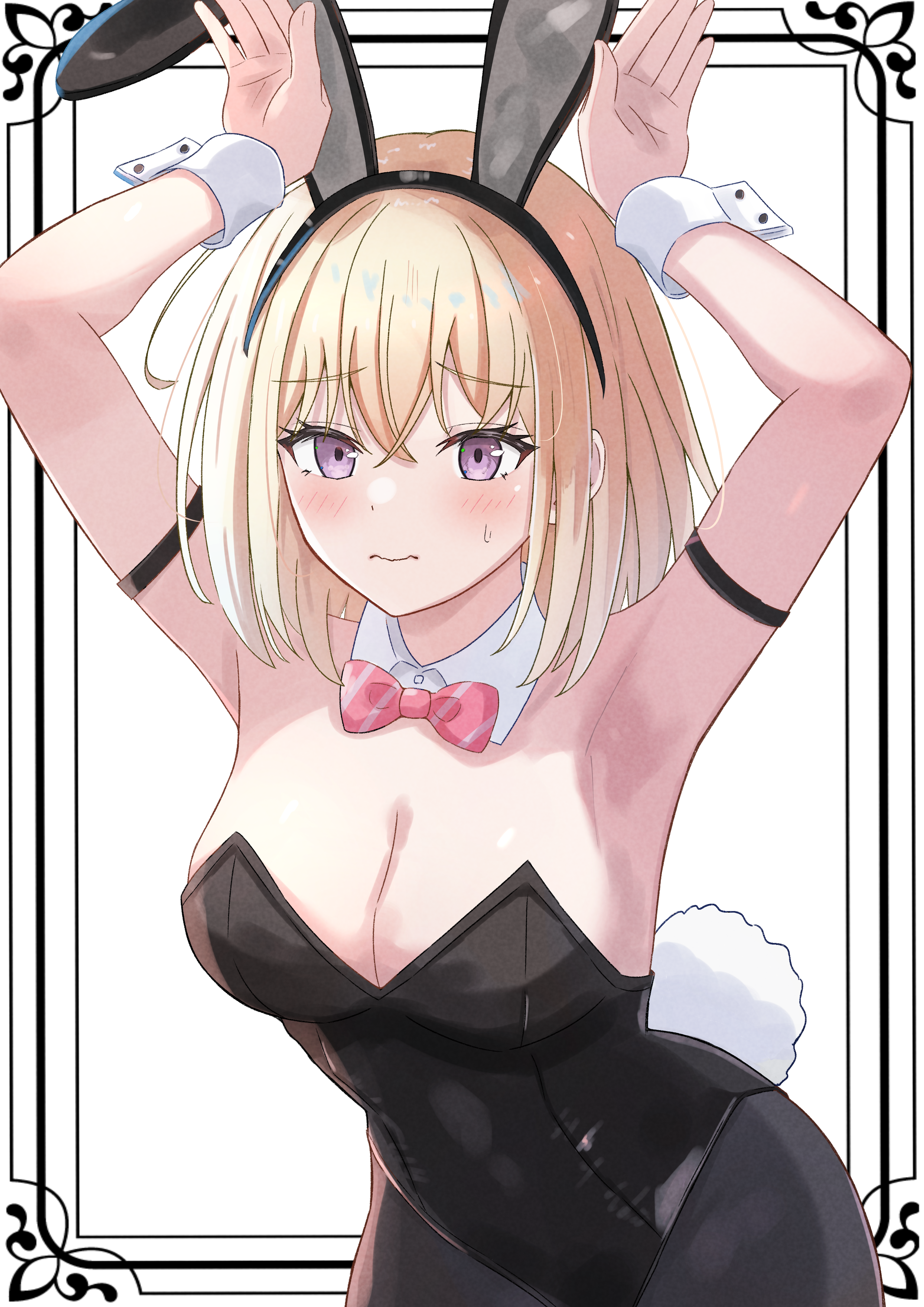 beniyomogi, misumi uika, bang dream!, bang dream! it's mygo!!!!!, absurdres, commentary request, highres, 1girl, animal ear hairband, animal ears, armlet, armpits, black leotard, black pantyhose, blonde hair, blush, breasts, cleavage, closed mouth, fake animal ears, hair between eyes, hairband, inset border, jewelry, large breasts, leotard, medium hair, pantyhose, playboy bunny, purple eyes, rabbit ears, rabbit tail, simple background, solo, strapless, strapless leotard, tail, wavy mouth, white background, white wrist cuffs, wrist cuffs