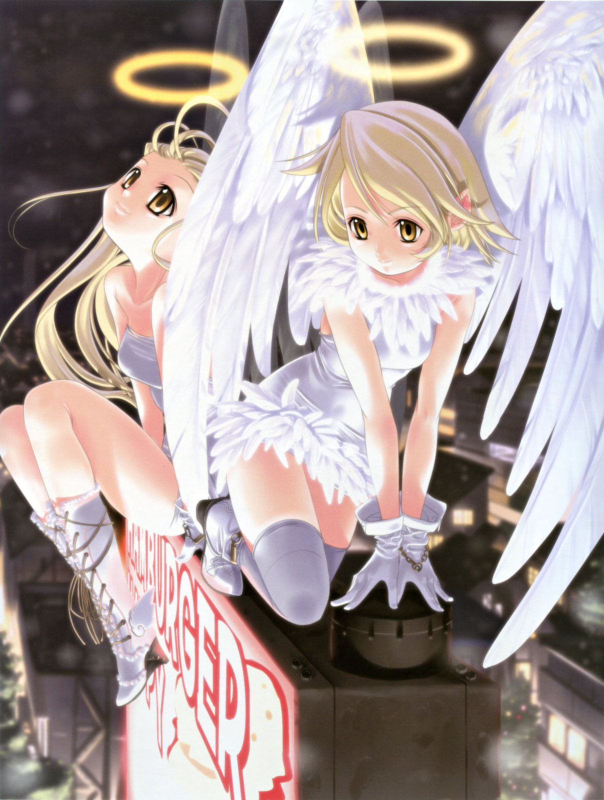 sumomo kpa, highres, angel, halo, thighhighs, wings
