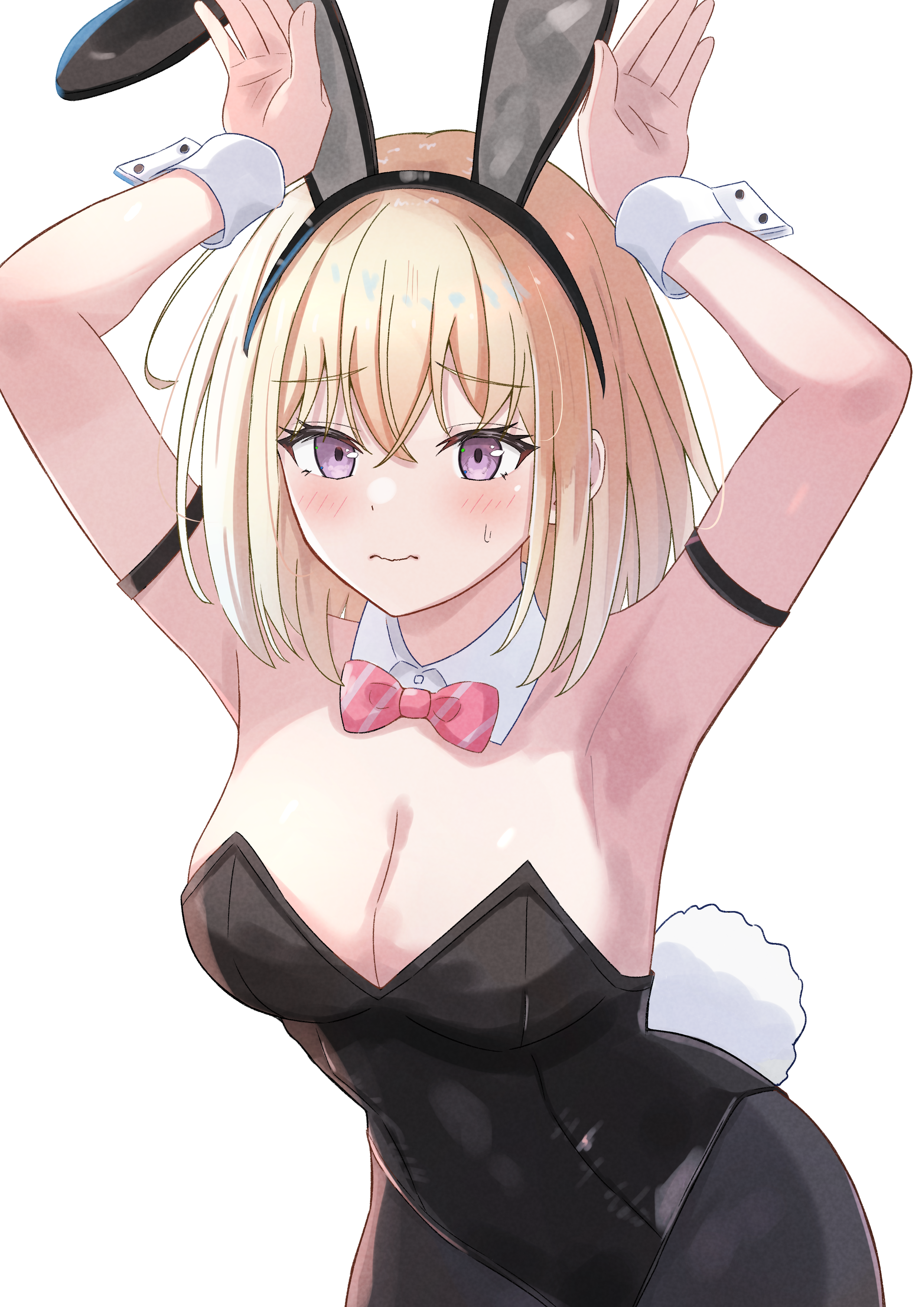 beniyomogi, misumi uika, bang dream!, bang dream! it's mygo!!!!!, absurdres, commentary request, highres, 1girl, animal ear hairband, animal ears, armlet, armpits, black leotard, black pantyhose, blonde hair, blush, breasts, cleavage, closed mouth, fake animal ears, hair between eyes, hairband, jewelry, large breasts, leotard, medium hair, pantyhose, playboy bunny, purple eyes, rabbit ears, rabbit tail, simple background, solo, strapless, strapless leotard, tail, wavy mouth, white background, white wrist cuffs, wrist cuffs