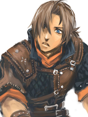 sakishima (irregular colors), belcoot (suikoden), gensou suikoden, gensou suikoden v, lowres, 1boy, belt, blue eyes, brown hair, buckle, confused, hair over one eye, leather, male focus, short hair, solo