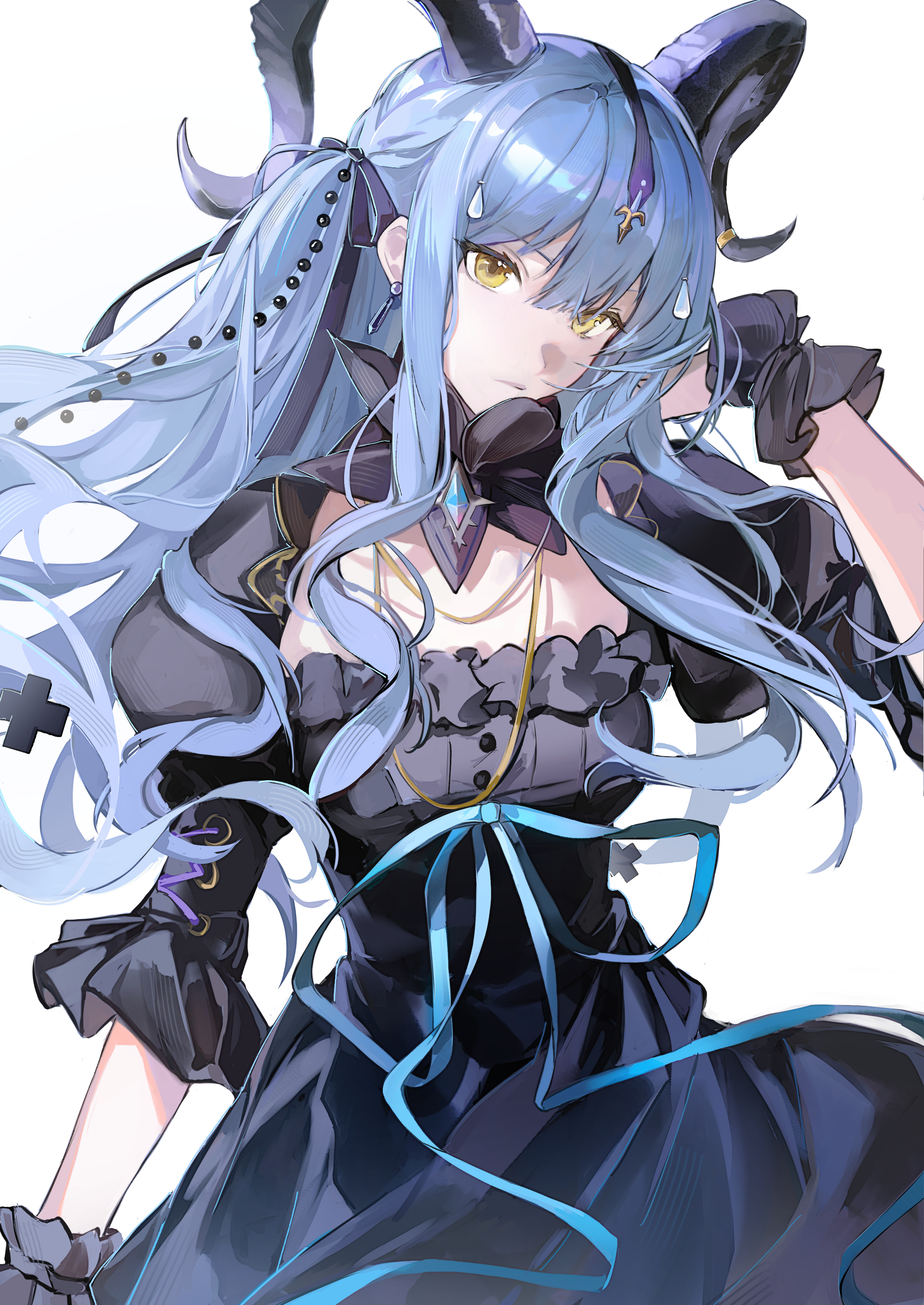 shishan979 (seleneebai), togawa sakiko, togawa sakiko (master of melodia), arknights, bang dream!, bang dream! it's mygo!!!!!, absurdres, commentary, highres, 1girl, black dress, black wrist cuffs, blue gemstone, blue hair, blue ribbon, buttons, closed mouth, curled horns, demon horns, detached sleeves, dress, dress ribbon, earrings, frilled dress, frilled wrist cuffs, frills, gem, hair between eyes, hair ornament, hand in own hair, hand up, head tilt, headpiece, horn ornament, horn ring, horns, jewelry, long hair, looking ahead, ribbon, short hair, sidelocks, simple background, solo, standing, two side up, very long hair, white background, wrist cuffs, yellow eyes
