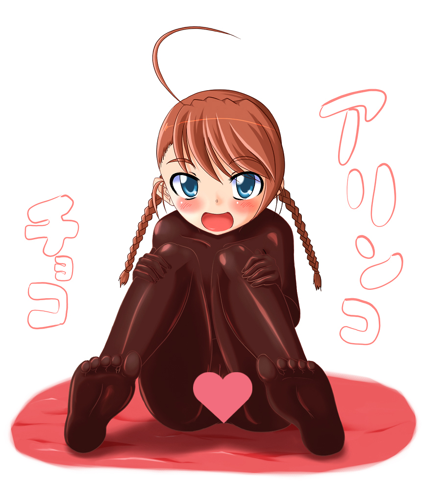 nekomanma (byougatei), arika yumemiya, my-otome, 00s, blush, bodysuit, braid, censored, feet, latex, latex suit, red hair, solo, twin braids