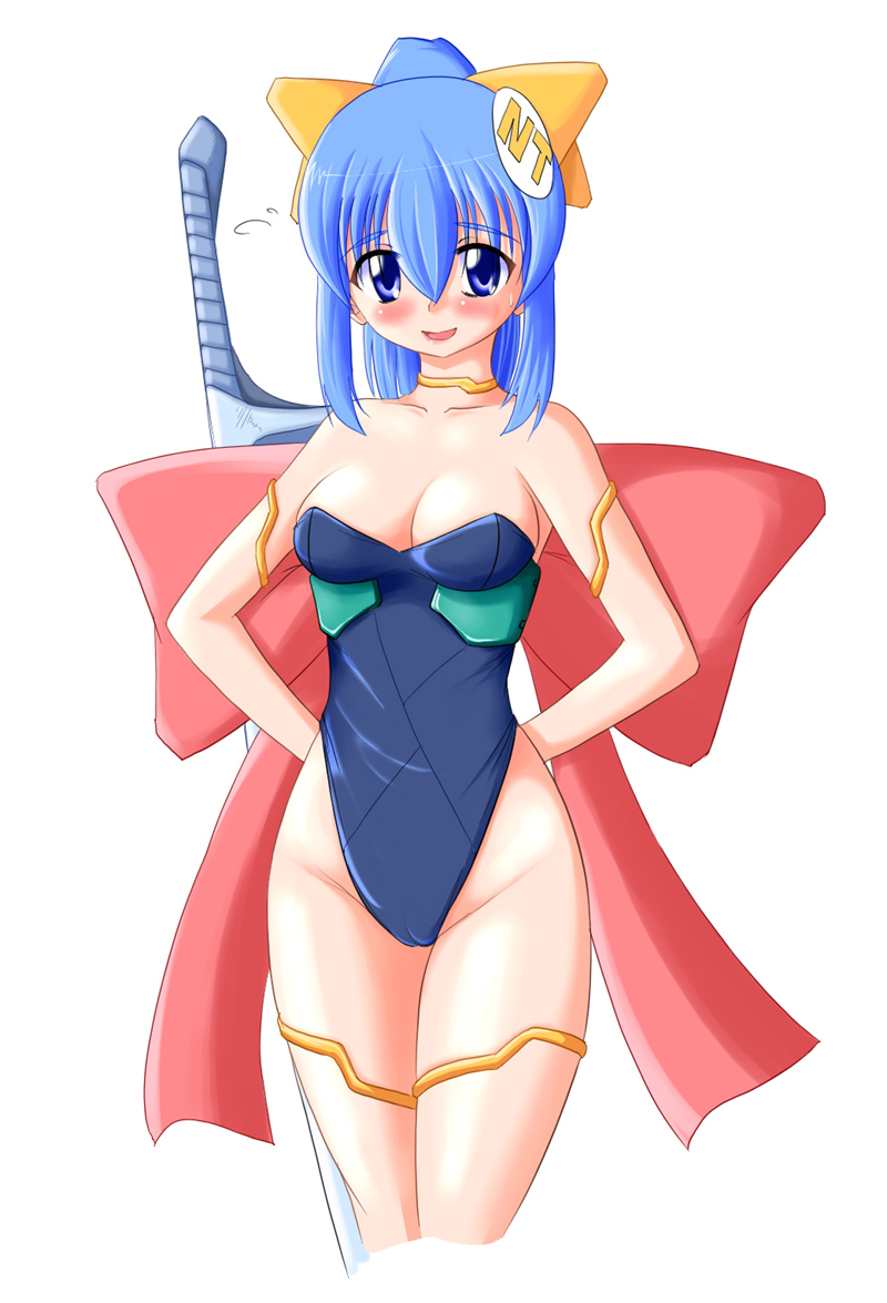 nekomanma (byougatei), nt-tan, os-tan, 1girl, blue hair, blush, breasts, cameltoe, cleavage, female focus, leotard, medium breasts, solo