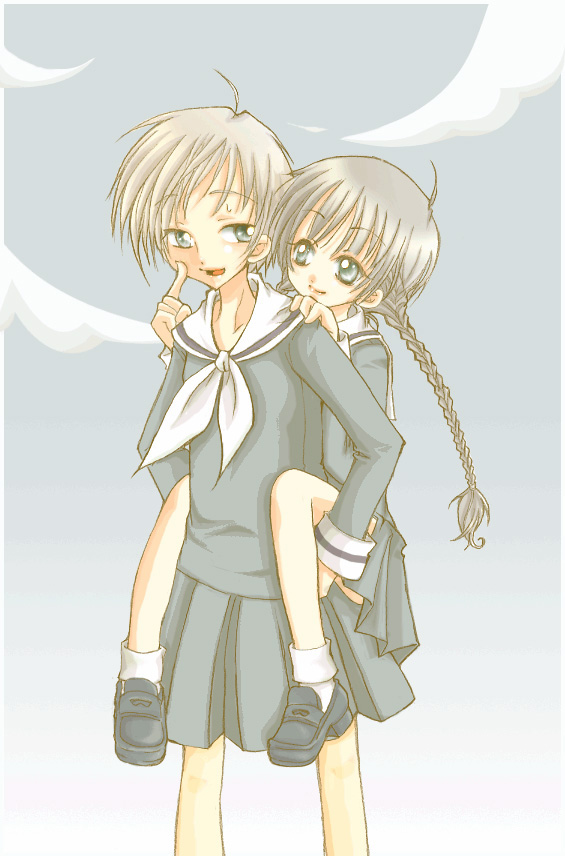 mekimeki, hasekura rei, shimazu yoshino, maria-sama ga miteru, white legwear, 00s, 2girls, :d, blonde hair, blue sky, braid, brown hair, carrying, cloud, day, loafers, long sleeves, multiple girls, neckerchief, open mouth, outdoors, piggyback, sailor collar, school uniform, serafuku, shoes, single braid, sky, smile, socks, standing