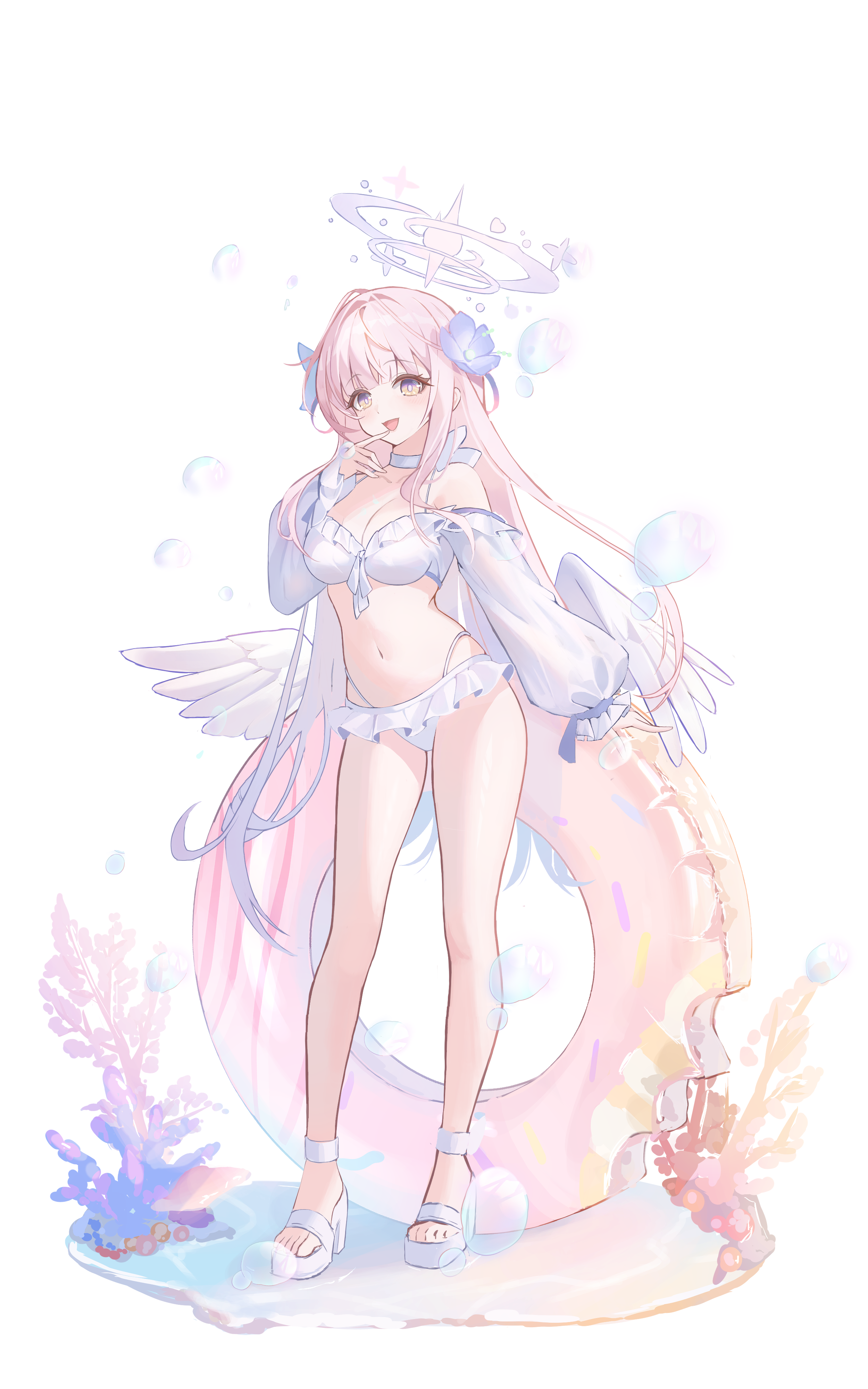 gyuromi158, mika (blue archive), mika (swimsuit) (blue archive), blue archive, absurdres, highres, 1girl, angel wings, bikini, blush, feathered wings, flower, frilled bikini, frills, full body, hair flower, hair ornament, halo, long hair, long sleeves, looking at viewer, low wings, navel, open mouth, pink hair, pink halo, sandals, smile, solo, stomach, swimsuit, white bikini, white sandals, white wings, wings, yellow eyes