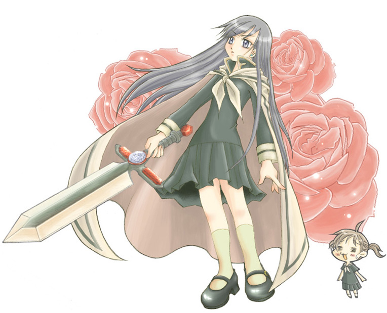 mekimeki, fukuzawa yumi, ogasawara sachiko, maria-sama ga miteru, brown legwear, silver hair, 00s, 2girls, brown eyes, cape, full body, holding, holding sword, holding weapon, long hair, long sleeves, mary janes, multiple girls, ribbon, shoes, simple background, standing, sword, thighhighs, unsheathed, very long hair, weapon, white background, zettai ryouiki