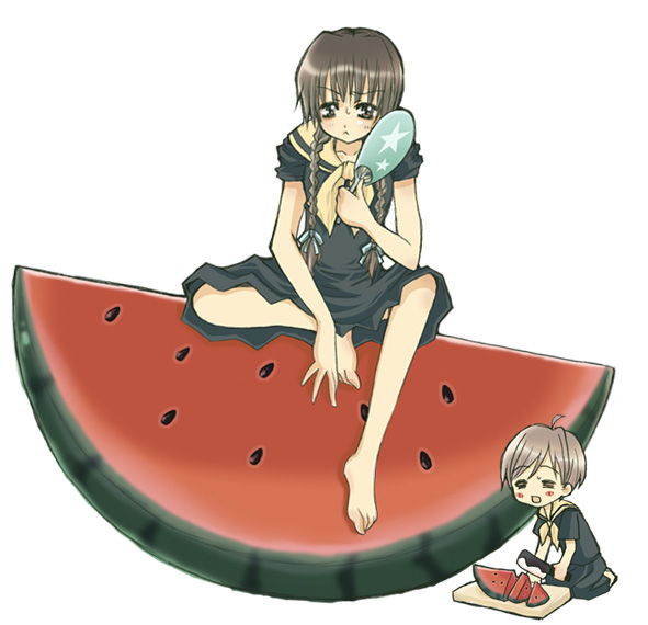 mekimeki, hasekura rei, shimazu yoshino, maria-sama ga miteru, 00s, barefoot, food, fruit, watermelon