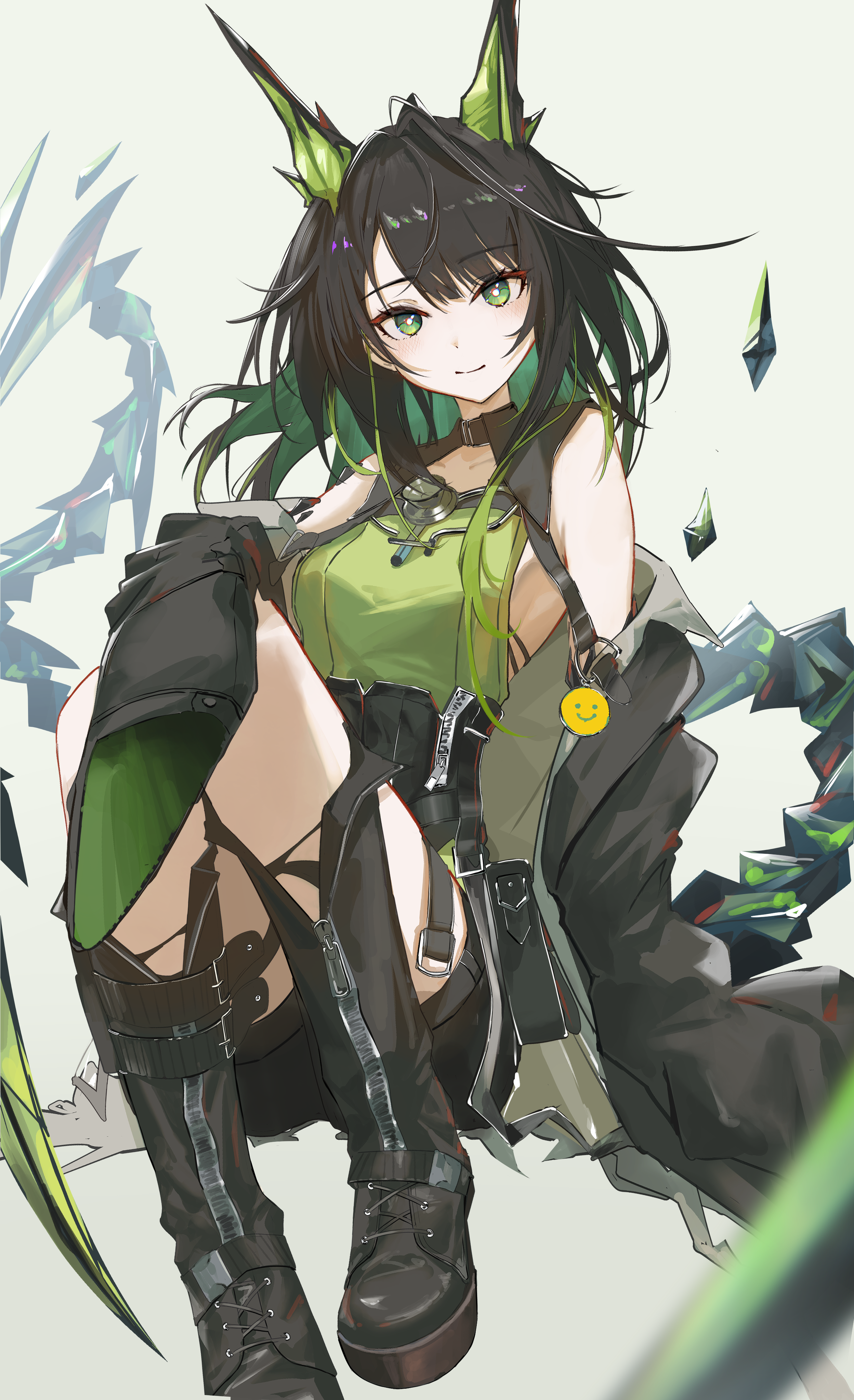 hrk (dxez4457), mon3tr (arknights), arknights, absurdres, highres, bare shoulders, black boots, black hair, black jacket, boots, breasts, green background, green eyes, green hair, green shirt, jacket, medium breasts, medium hair, multicolored hair, shirt, simple background, thighs, two-tone hair