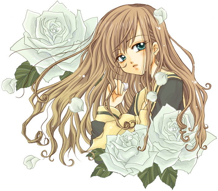 mekimeki, toudou shimako, maria-sama ga miteru, 00s, 1girl, blue eyes, brown hair, female focus, flower, leaf, long hair, looking at viewer, plant, rose, simple background, solo, upper body, white background, white flower, white rose