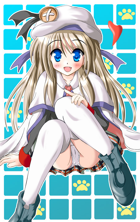 hiiragi tomoka, noumi kudryavka, little busters!, blonde hair, blue eyes, buttons, cameltoe, cape, fang, hat, large buttons, long hair, panties, pantyshot, sitting, solo, thighhighs, underwear
