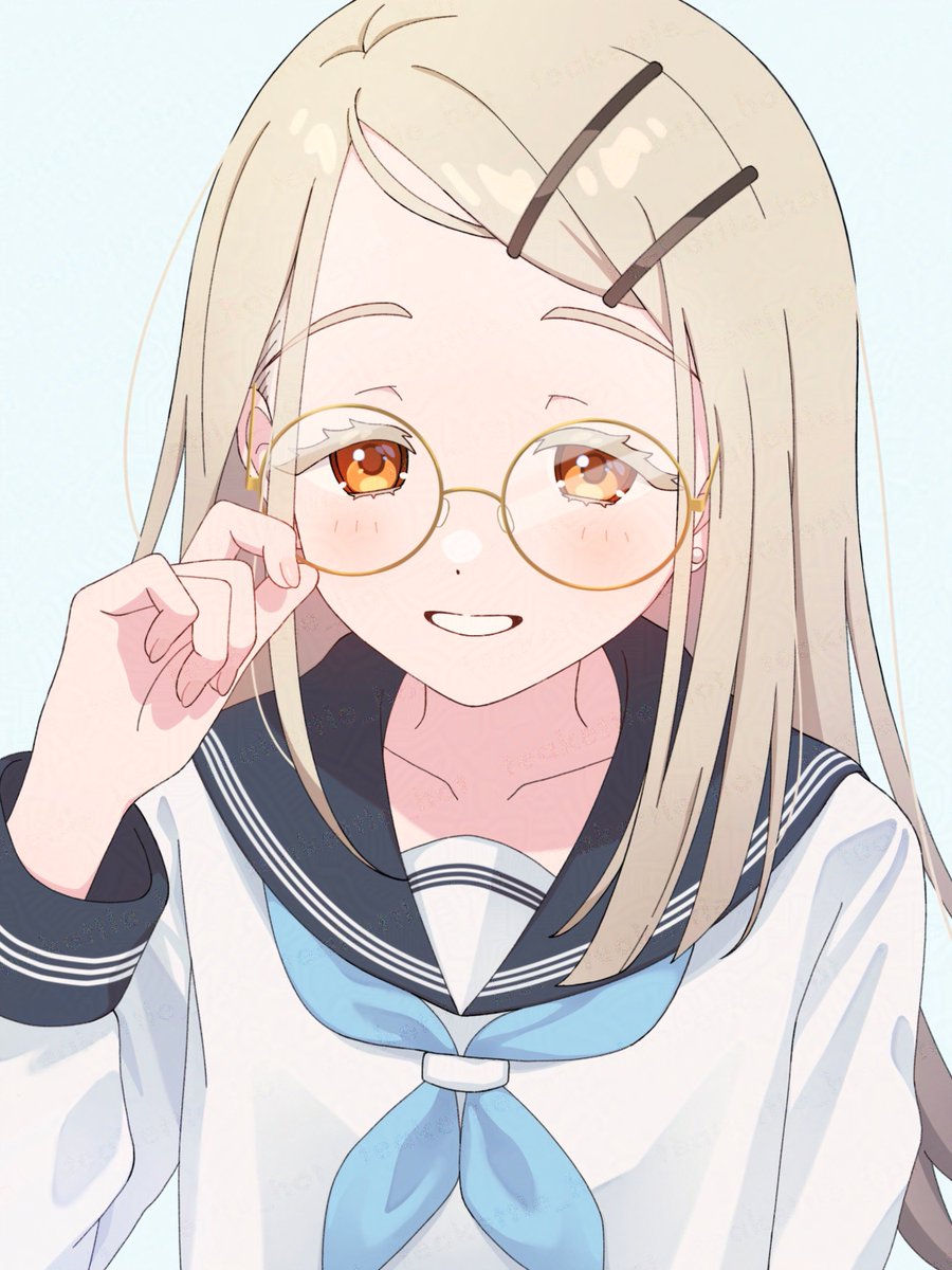 teakettle hot, shinosawa hiro, gakuen idolmaster, idolmaster, commentary request, highres, 1girl, adjusting eyewear, bespectacled, black sailor collar, blonde hair, blue background, blue neckerchief, blush, collarbone, glasses, grin, hair ornament, hairclip, long hair, long sleeves, looking at viewer, neckerchief, orange eyes, parallel hairclips, parted bangs, round eyewear, sailor collar, school uniform, serafuku, shirt, simple background, smile, solo, upper body, white shirt, yellow-framed eyewear