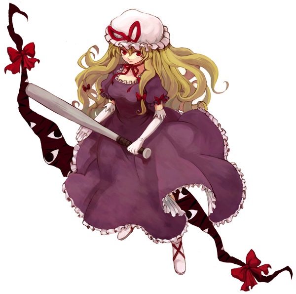yonko, yakumo yukari, touhou, 1girl, baseball bat, blonde hair, dress, elbow gloves, female focus, full body, gap (touhou), gloves, hat, ribbon, simple background, solo, white background