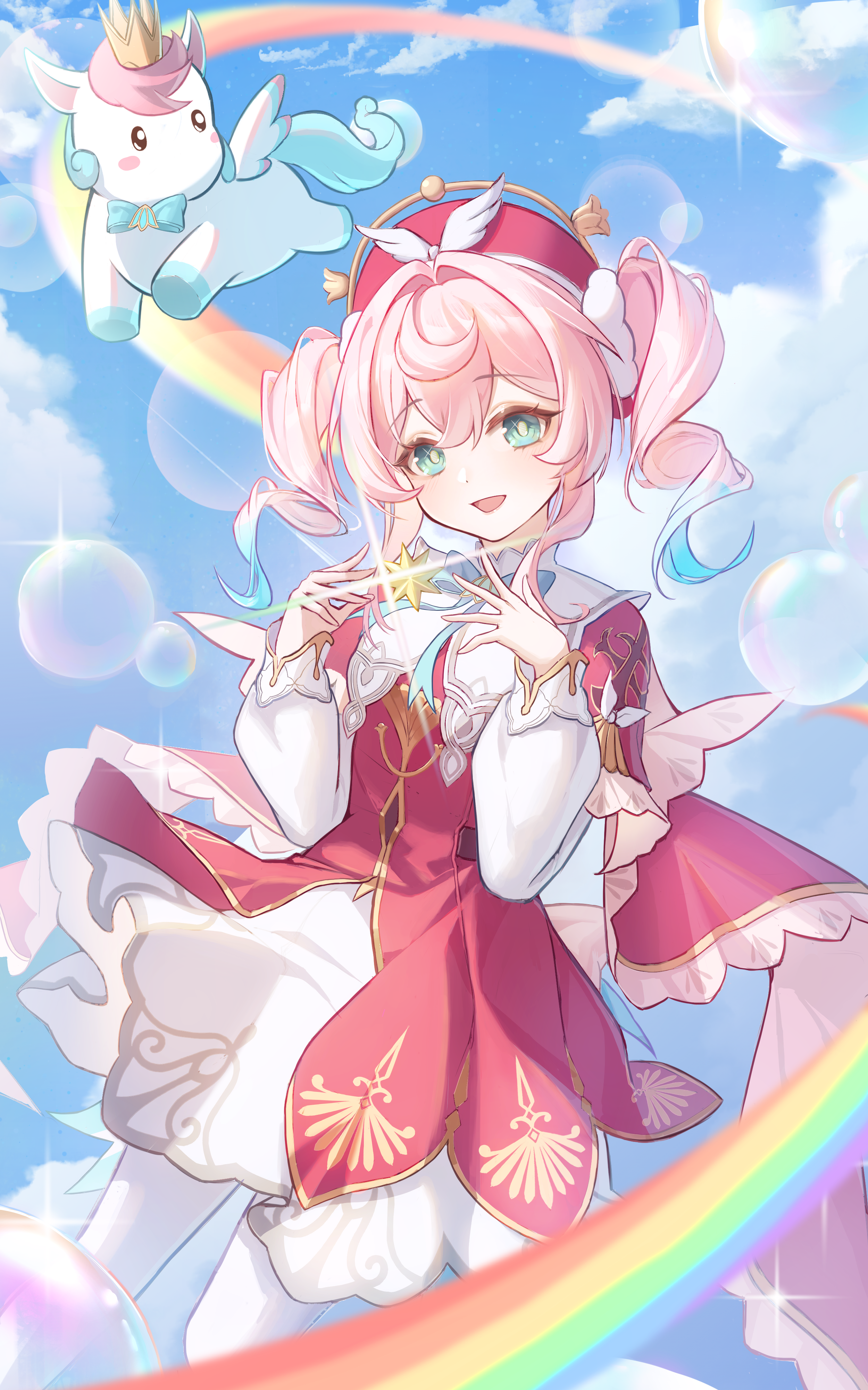 gyuromi158, hyacine (honkai: star rail), little ica (honkai: star rail), honkai: star rail, honkai (series), absurdres, highres, 1girl, aqua hair, beret, blush, crown, dress, gradient hair, green eyes, hair between eyes, hair ornament, hat, long sleeves, looking at viewer, mini crown, multicolored hair, open mouth, pantyhose, pink hair, rainbow, red dress, smile, white pantyhose