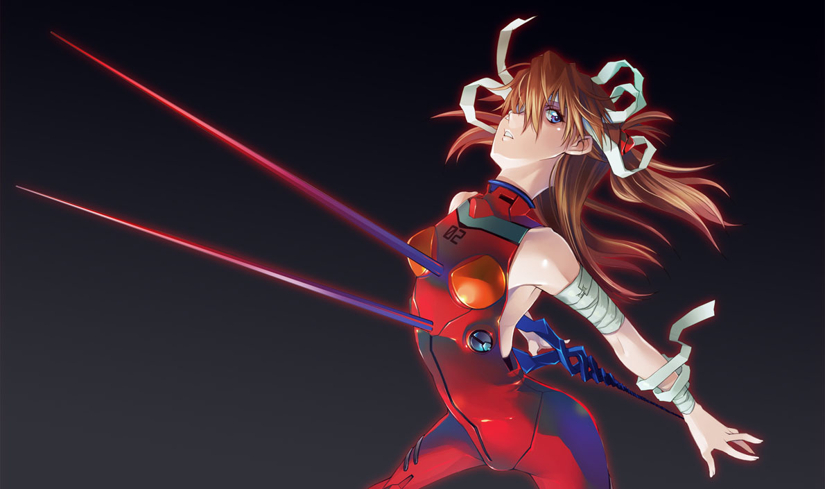asaki takayuki, souryuu asuka langley, neon genesis evangelion, re-take doujinshi, 1girl, bandages, bare shoulders, bident, blue eyes, female focus, impaled, lance, lance of longinus (evangelion), long hair, mecha pilot suit, plugsuit (evangelion), polearm, red hair, solo, twintails, weapon