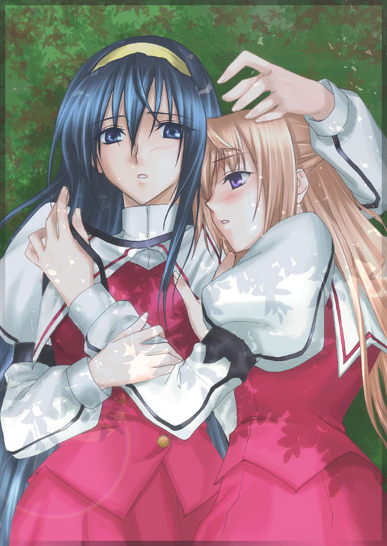fervent idiot, himemiya chikane, kurusugawa himeko, kannazuki no miko, arm grab, light brown hair, 00s, 2girls, arm ribbon, blue eyes, blue hair, blush, border, couple, female focus, from above, grass, hair between eyes, hairband, half updo, hug, lens flare, long hair, long sleeves, looking at another, lying, multiple girls, on back, on side, parted lips, puffy long sleeves, puffy sleeves, purple eyes, red skirt, ribbon, school uniform, shade, shy, skirt, untying, very long hair, yellow hairband, yuri