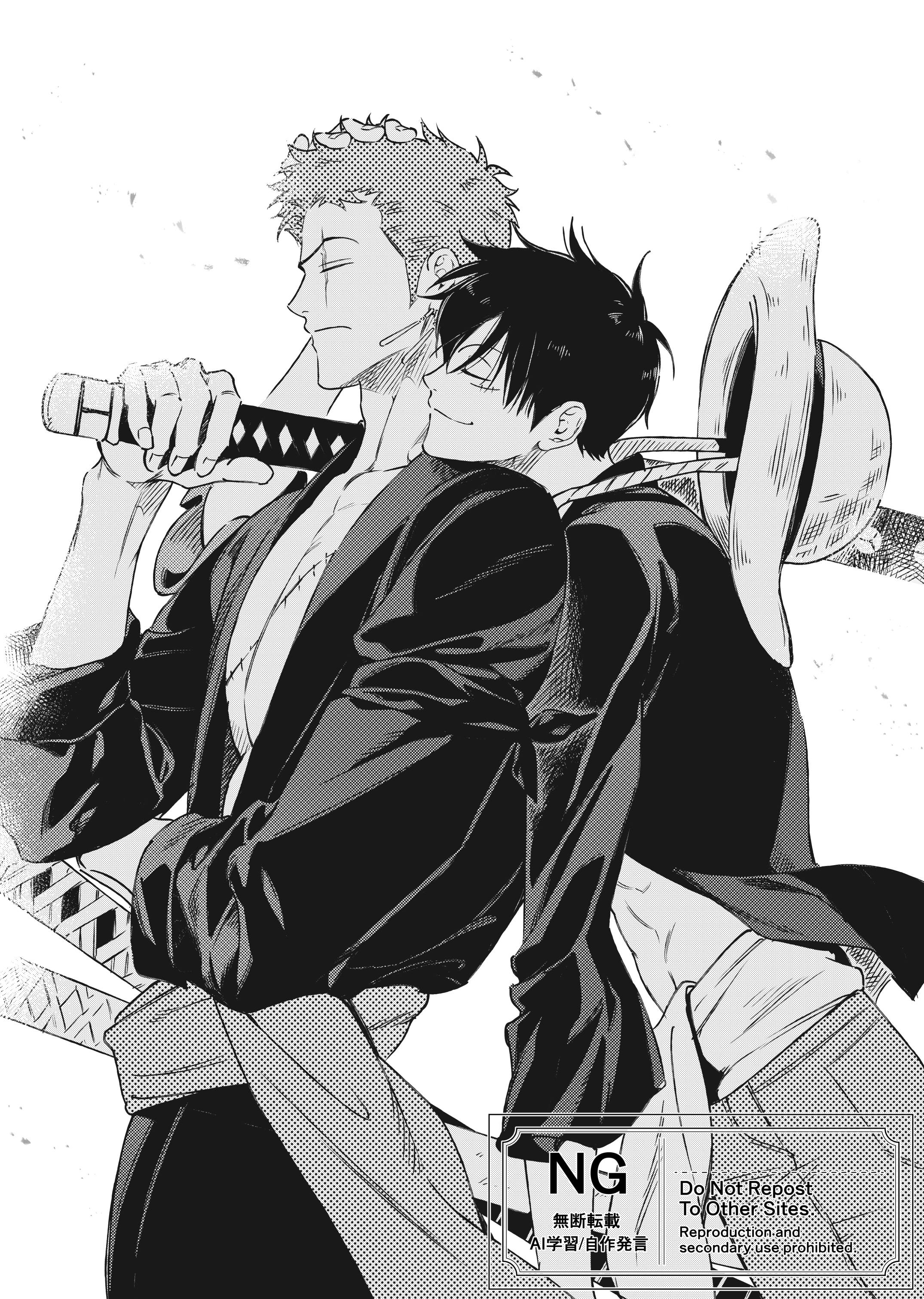 monkey d. luffy, roronoa zoro, one piece, absurdres, commentary, highres, symbol-only commentary, 2boys, closed eyes, closed mouth, cowboy shot, debris, earrings, evrinuk, facial scar, from side, greyscale, hand on another's head, hat, head on another's shoulder, jewelry, katana, male focus, monochrome, multiple boys, multiple swords, open clothes, open shirt, profile, sash, scar, scar across eye, scar on cheek, scar on chest, scar on face, sheath, sheathed, shirt, short hair, smile, straw hat, sword, unworn hat, unworn headwear, weapon