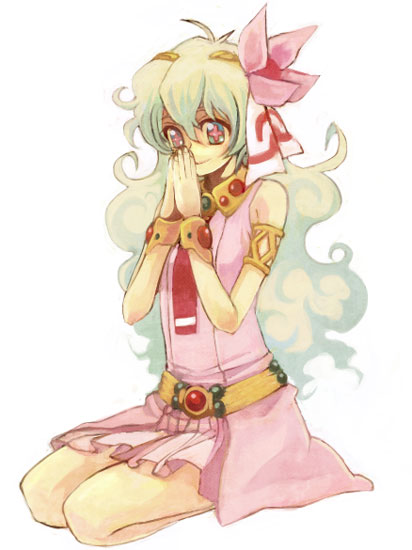 yonko, nia teppelin, tengen toppa gurren lagann, + +, 00s, 1girl, ahoge, armlet, belt, bracelet, cross-shaped pupils, dress, female focus, flower, hair flower, hair ornament, jewelry, long hair, necktie, own hands together, pink dress, seiza, simple background, sitting, sleeveless, sleeveless dress, smile, solo, square-end necktie, symbol-shaped pupils, white background