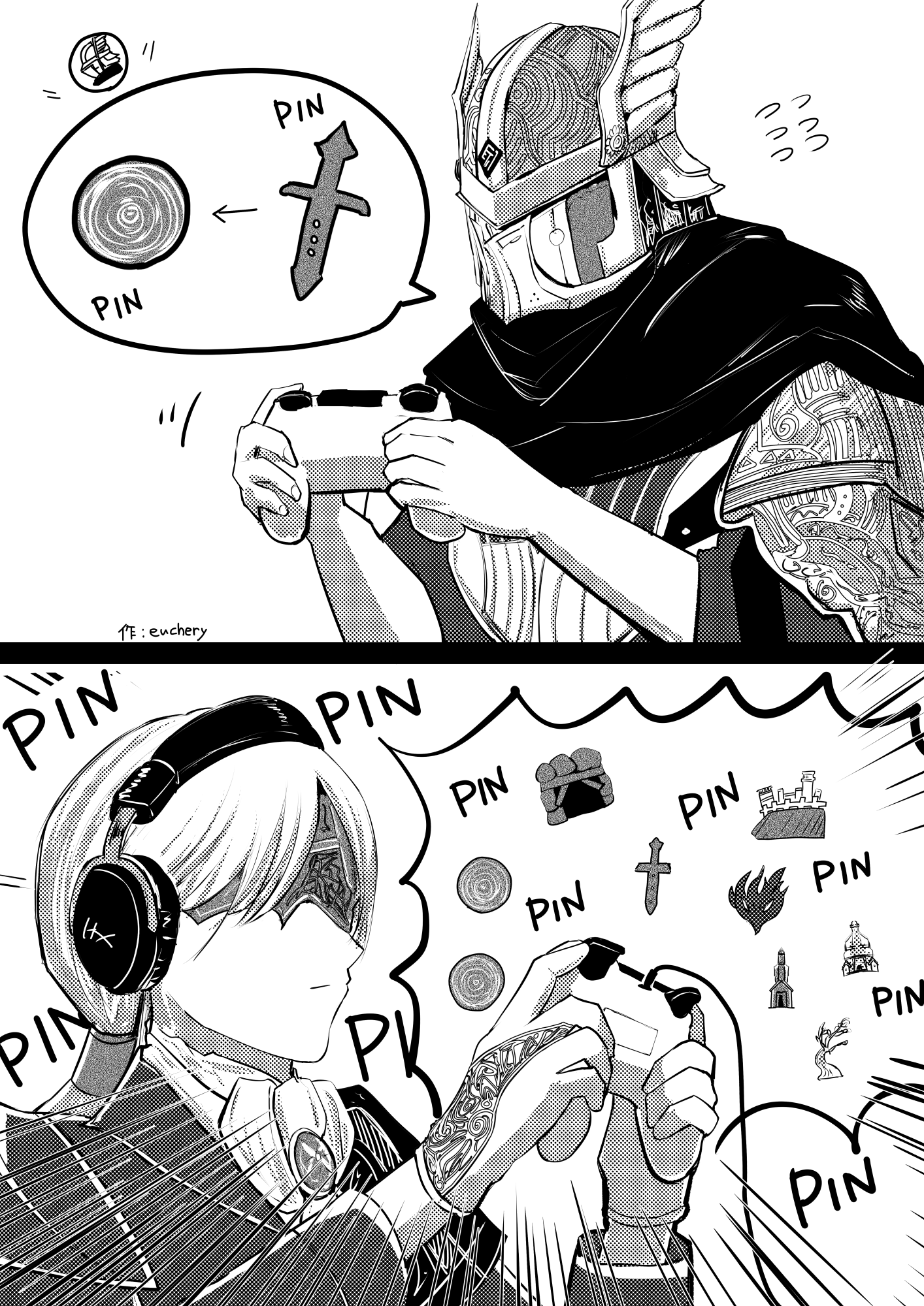 duchess (elden ring), wylder (elden ring), elden ring, elden ring nightreign, highres, 1boy, 1girl, armor, ascot, breastplate, brooch, brother and sister, closed mouth, controller, covered eyes, covered face, euchery, eye mask, gloves, greyscale, hands up, headphones, helmet, holding, holding controller, jacket, jewelry, long hair, long sleeves, low ponytail, monochrome, pauldrons, ponytail, scarf, shoulder armor, siblings, speech bubble, winged helmet