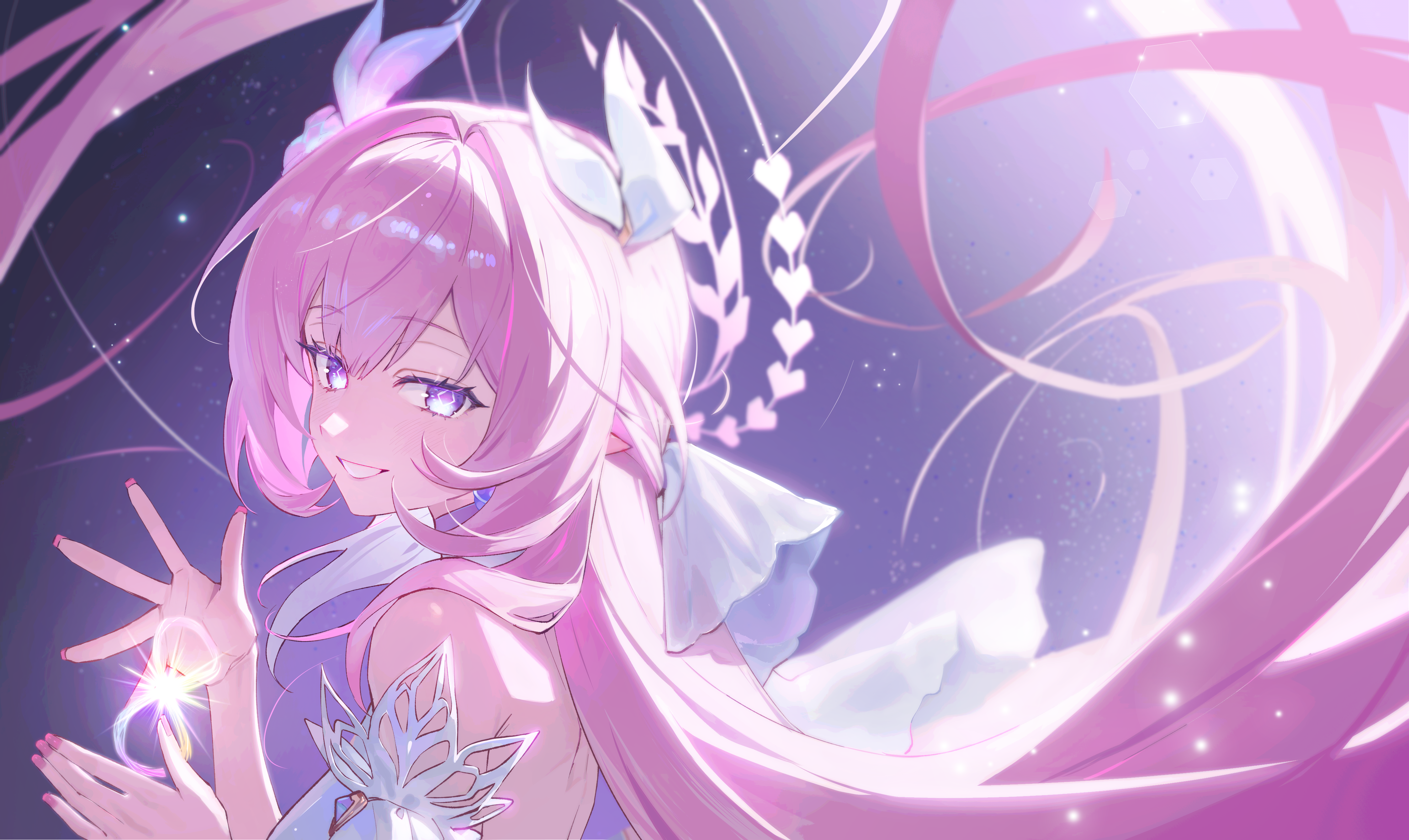 bon (bony 53), cyrene (honkai: star rail), cyrene (ripples of past reverie) (honkai: star rail), honkai: star rail, honkai (series), absurdres, commentary, highres, 1girl, bare shoulders, breasts, diamond-shaped pupils, diamond (shape), fingernails, hair intakes, hair ornament, hands up, long hair, looking at viewer, looking to the side, medium breasts, nail polish, parted lips, pink hair, pink nails, pointy ears, purple eyes, sidelocks, smile, solo, symbol-shaped pupils, upper body