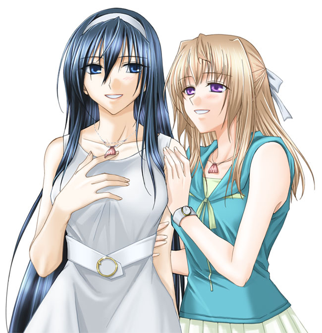 fervent idiot, silver bow, himemiya chikane, kurusugawa himeko, kannazuki no miko, arm grab, light brown hair, 00s, 2girls, alternate costume, aqua shirt, arm hug, bare arms, bare shoulders, belt, blue eyes, blue hair, blush, bow, casual, collarbone, contemporary, couple, dress, female focus, grey bow, grey dress, grey hairband, grey ribbon, hair between eyes, hair bow, hair ribbon, hairband, half updo, hand on own chest, happy, holding another's arm, hug, jewelry, long hair, looking at another, looking to the side, multiple girls, neck, necklace, parted lips, pleated skirt, purple eyes, ribbon, shell, shell necklace, shirt, silver dress, silver hairband, silver ribbon, simple background, skirt, sleeveless, sleeveless dress, sleeveless shirt, smile, standing, teeth, very long hair, watch, white background, white skirt, wristwatch, yuri
